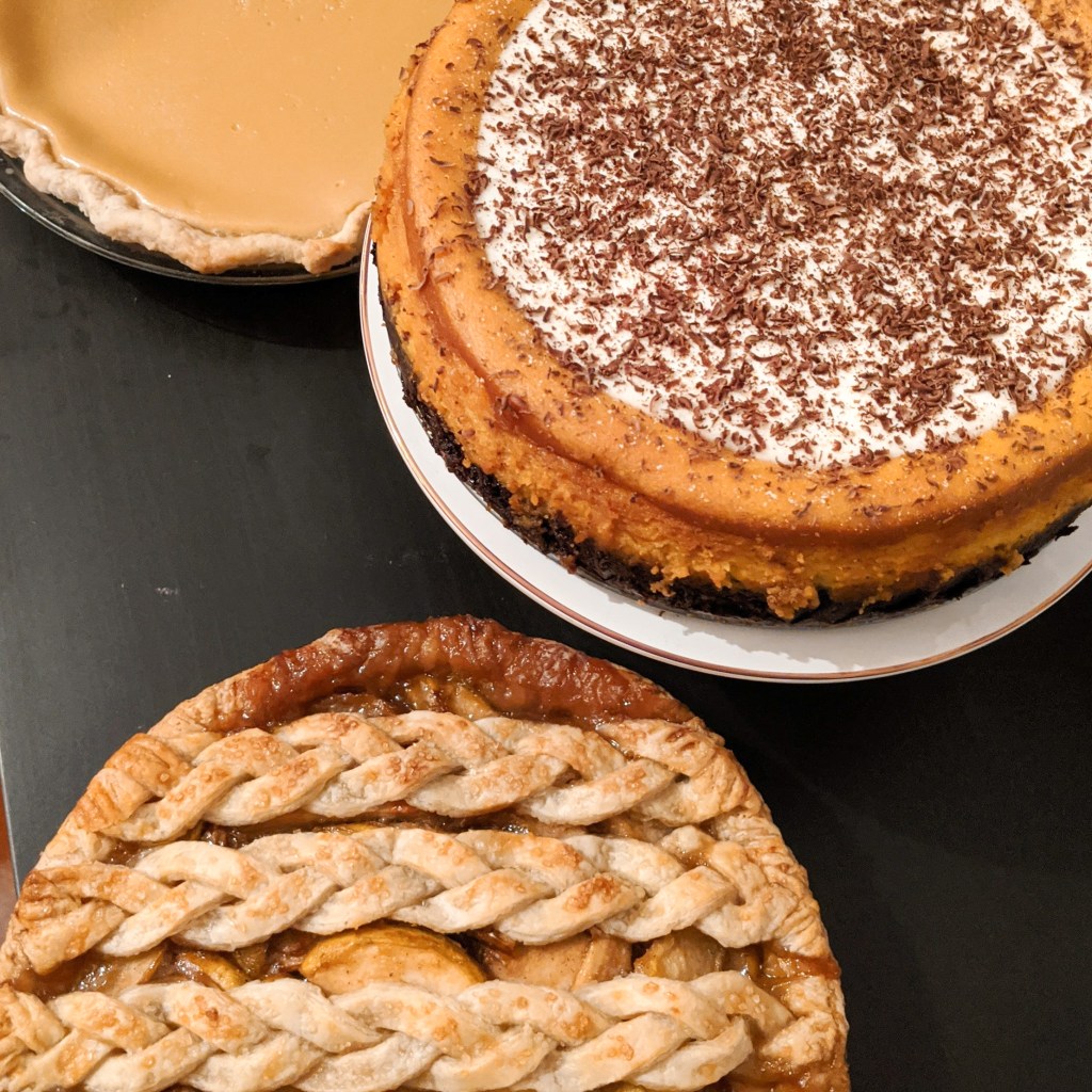 Maple buttermilk pie, pumpkin chocolate cheesecake, and spiced pear pie