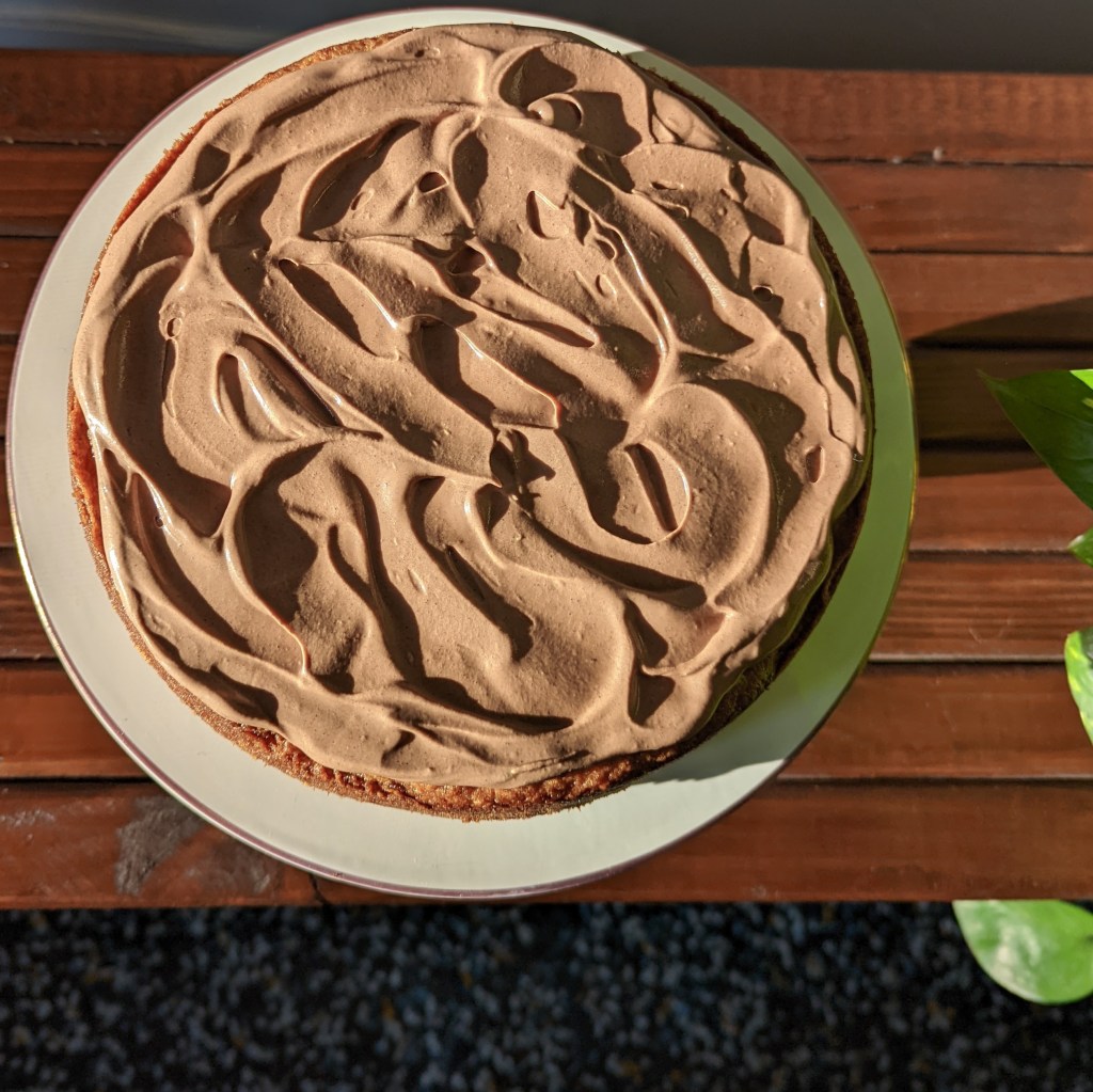 A vanilla cake with swoopy chocolate frosting.